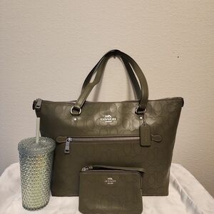 Coach Olive Green Signature Tote with Pouch and Silver Hardware